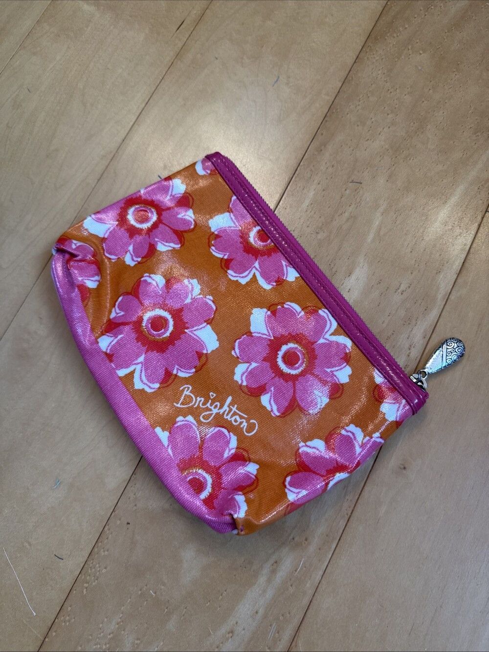 PINK FLORAL BRIGHTON waxed Canvas Makeup Bag With Silver Zipper